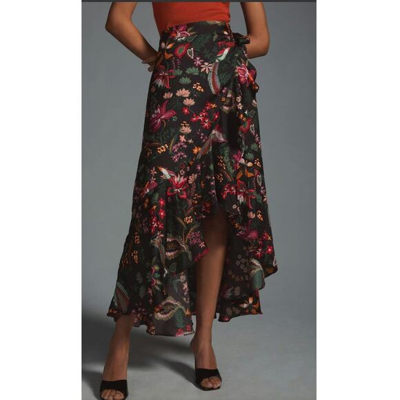 New Anthropologie Maeve Ruffled Wrap Midi Skirt $120 MEDIUM Floral Motif - Picture 2 of 7